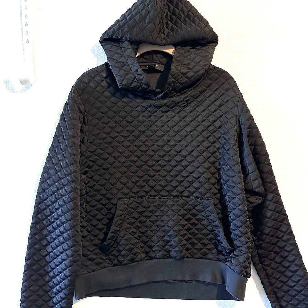 All‎ Saints Vela Quilted Hoodie Size Large L Black Satin Kangaroo Pocket